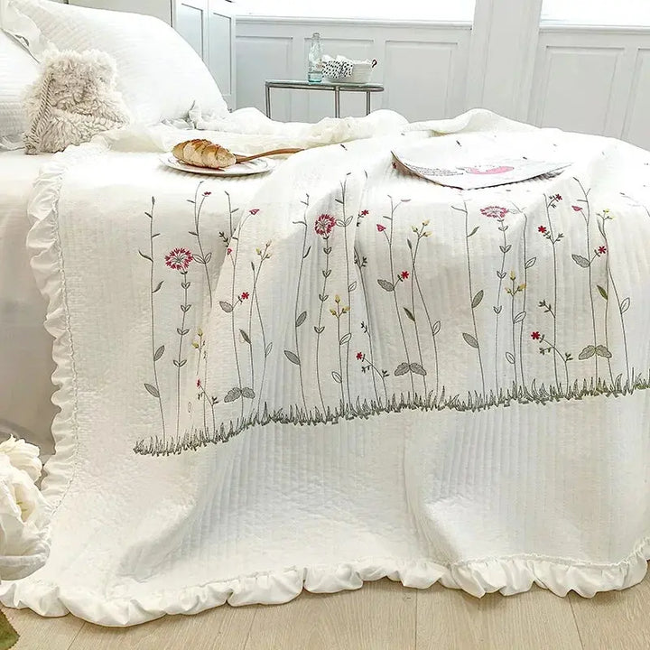 Ruffled Floral Quilt Set with Embroidered Lightweight Design and 2 Pillowcases | Ruffled Floral Embroidered Quilt Set | Quilts