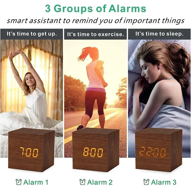 Wooden LED Digital Alarm Clock with Temperature Display and Sound Control | Clap to Light Wood Alarm Clock | Alarm Clocks