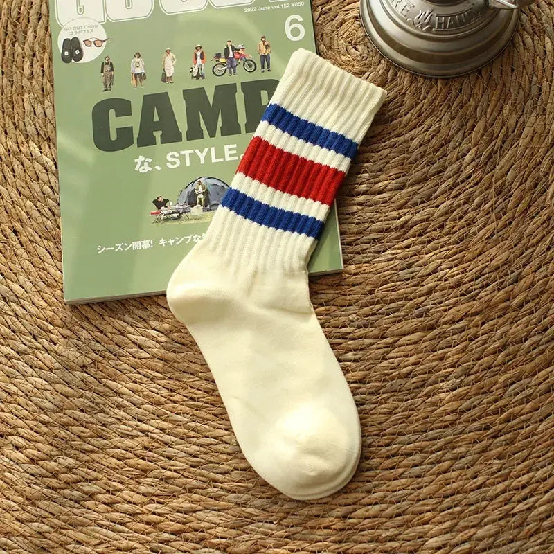 Vintage Striped Terry Crew Socks, 2 Pairs for Men and Women | Retro Stripes, Cushioned Comfort | Socks