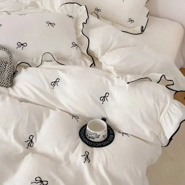 Bow Embroidery Ruffle Duvet Cover Set, 4 Pieces for Kids, Teens, Guests | Ruffled Bow Bedding for Girls Rooms | Duvet Cover Sets