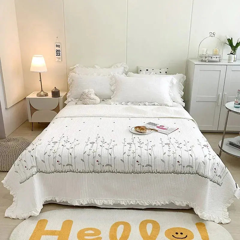 Delicate Ruffled Floral Quilt Set with Matching Shams | Soft Ruffled Florals for Warm Nights | Bedding Sets