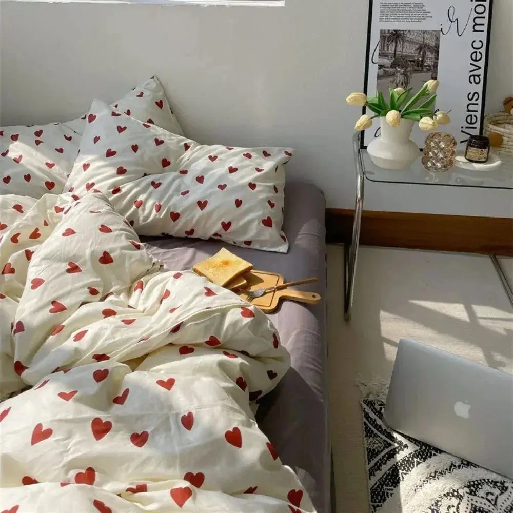 Korean Style Love Heart Bedding Set, 4 Pieces in Smooth Microfiber | Heart-Print Bedding with a Cheerful Look | Bedding Sets
