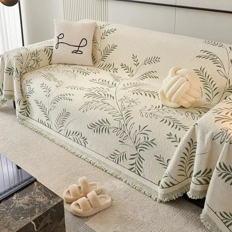 Four-Season Chenille Jacquard Leaf Couch Cover and Floor Throw | Leaf Jacquard Cover for Any Season | Throw Blankets