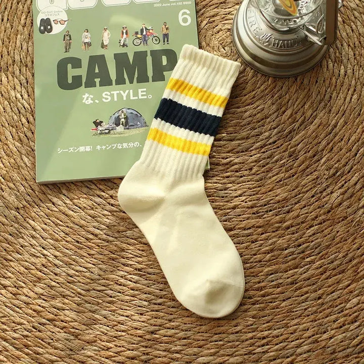 Vintage Striped Terry Crew Socks, 2 Pairs for Men and Women | Retro Stripes, Cushioned Comfort | Socks