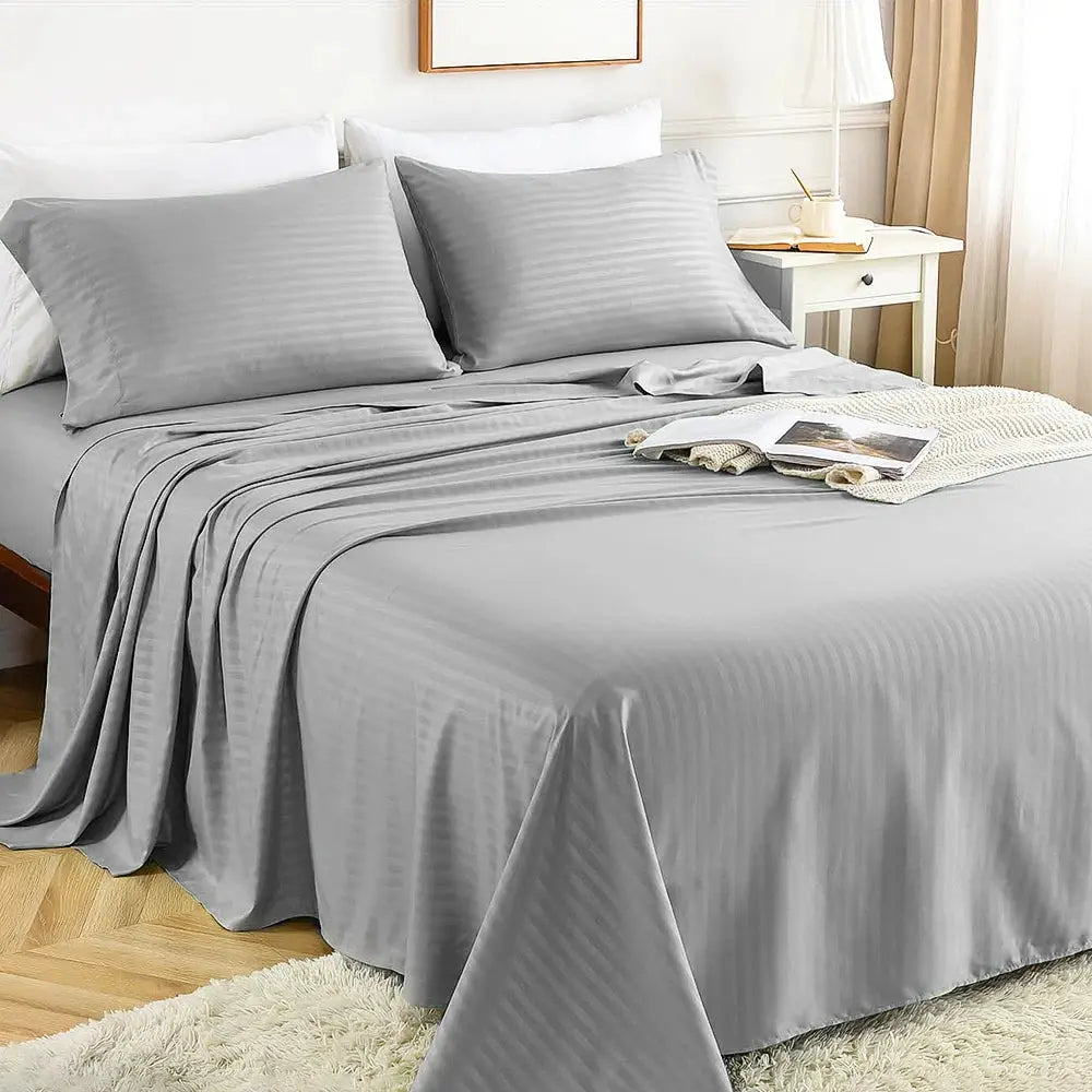 Solid Stripe Sheet Set with Fitted and Flat Sheets and Pillowcases | Solid Stripe Bed Sheet Set | Sheet Sets