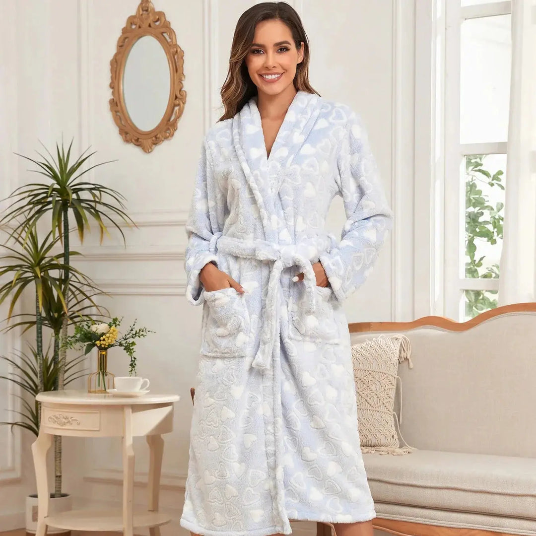 Love Print Plush Bathrobe in Soft Fluffy Fabric, Sizes S to XXL | Sweet Heart-Print Robe for Lounging | Bathrobes
