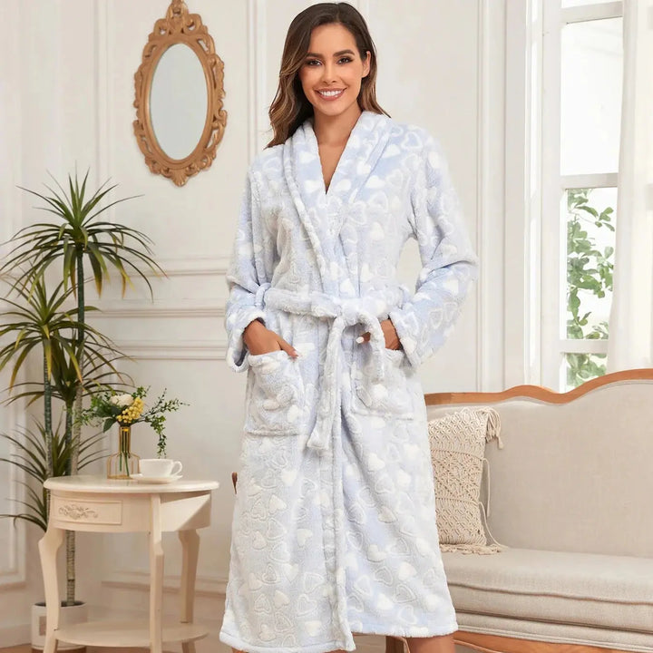 Love Print Plush Bathrobe in Soft Fluffy Fabric, Sizes S to XXL | Sweet Heart-Print Robe for Lounging | Bathrobes