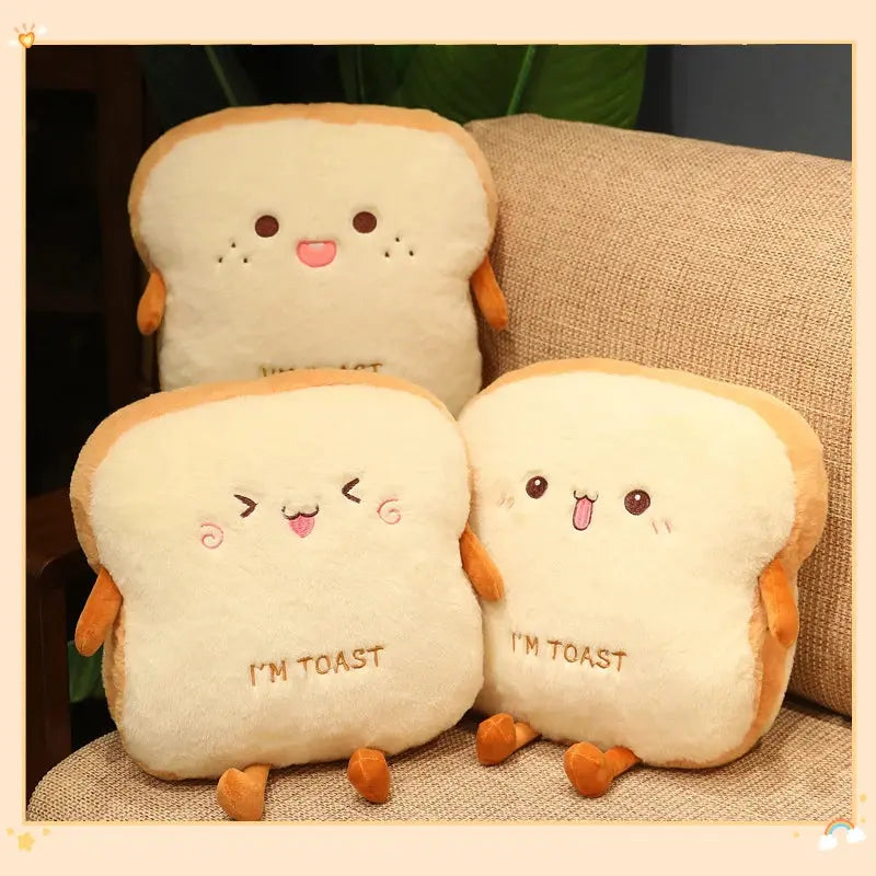 Plush Toast Bread Stuffed Pillow with Expressive Face, 40x34x15cm | Funny Toast Slice Cushion | Plush Pillows