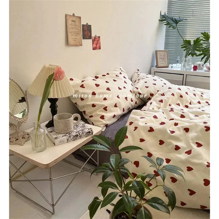 Korean Style Love Heart Bedding Set, 4 Pieces in Smooth Microfiber | Heart-Print Bedding with a Cheerful Look | Bedding Sets