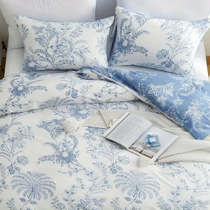 Reversible Floral Duvet Set with Blue White Pattern and Pillow Shams | Reversible Blue White Floral Duvet Set | Duvet Sets