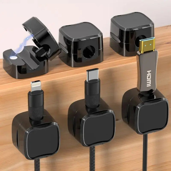Magnetic Cable Clips, 6 Pieces with Adjustable Adhesive Mounting | Tidy Cables Under Desks and Beds | Cable Organisers