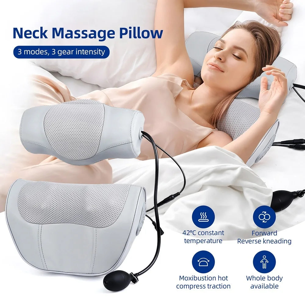 Contoured Neck Massage Pillow with Heat and Adjustable Air Support | Warmth and Adjustable Neck Support | Massage Pillows