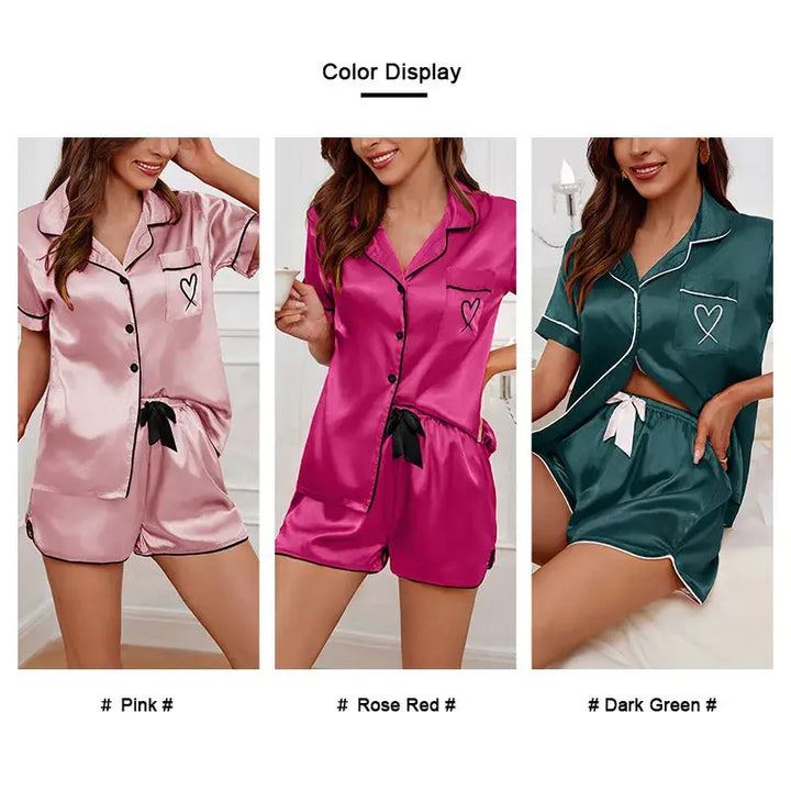 Heart Embroidered Short Sleeve Cotton Blend Pajama Set with Lounge Shorts | Cute Embroidered Shorts Set | Pajama Sets