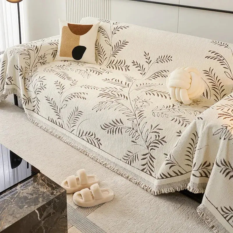 Four-Season Chenille Jacquard Leaf Couch Cover and Floor Throw | Leaf Jacquard Cover for Any Season | Throw Blankets
