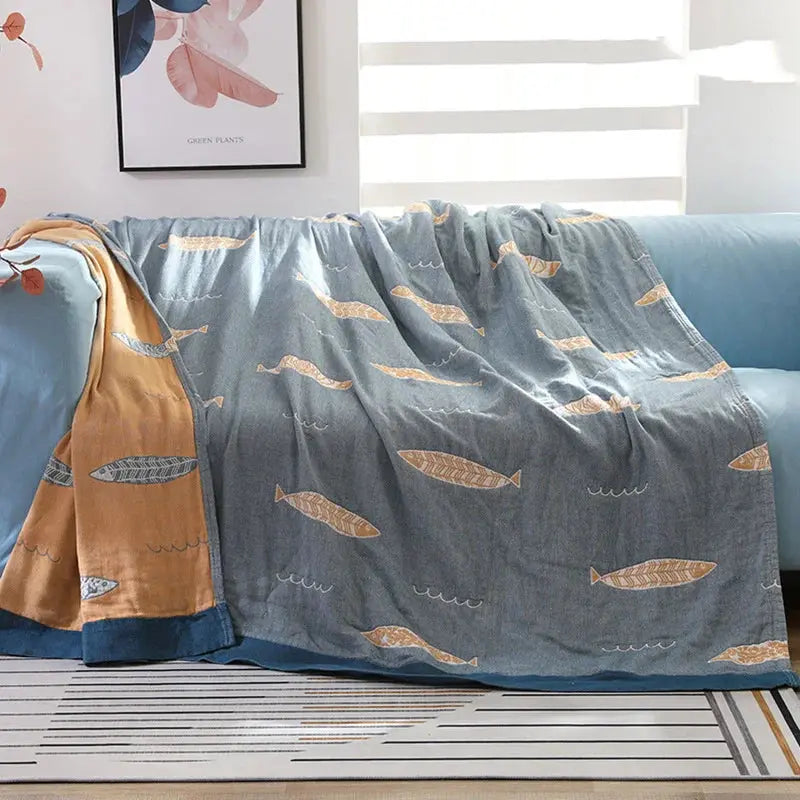 Fish Muslin Throw Blanket with Reversible Cotton Gauze Design | Reversible Cotton Gauze Fish Throw | Throw Blankets