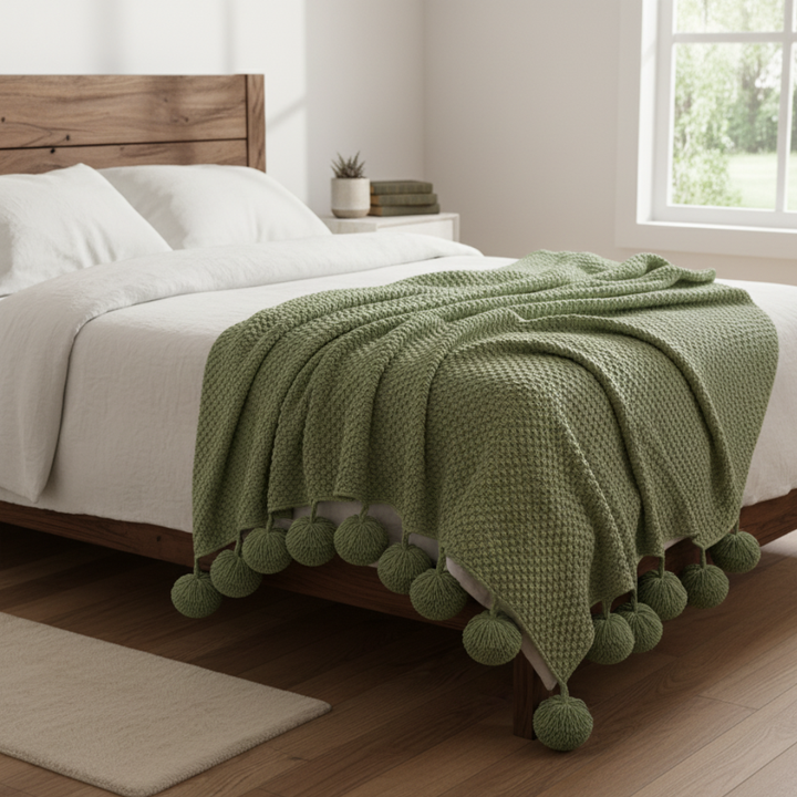 Waffle Knit Throw Blanket in Scandinavian Style with Pom Pom Edges | Scandi Waffle Knit with Pom Poms | Throw Blankets