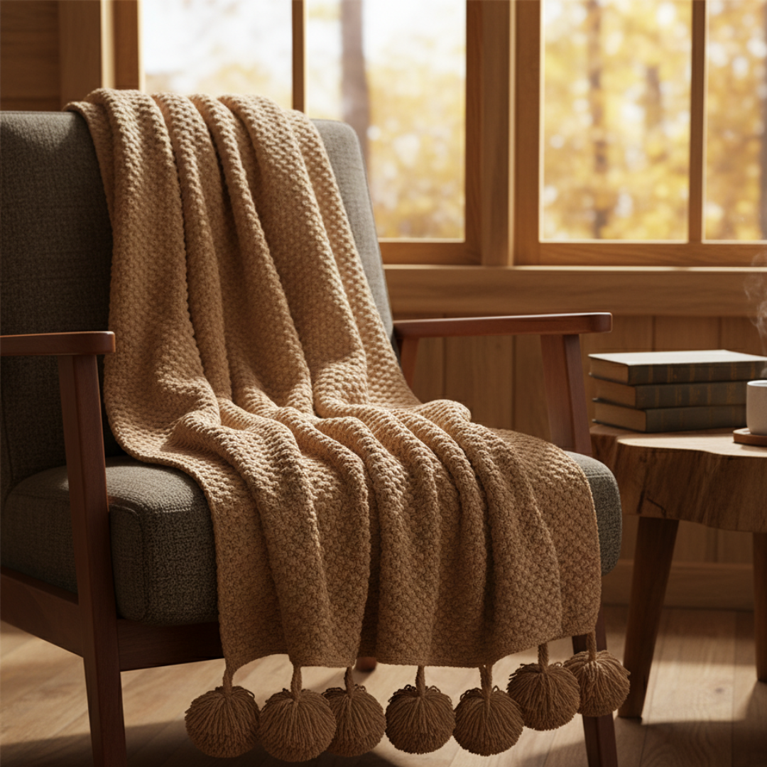 Waffle Knit Throw Blanket in Scandinavian Style with Pom Pom Edges | Scandi Waffle Knit with Pom Poms | Throw Blankets