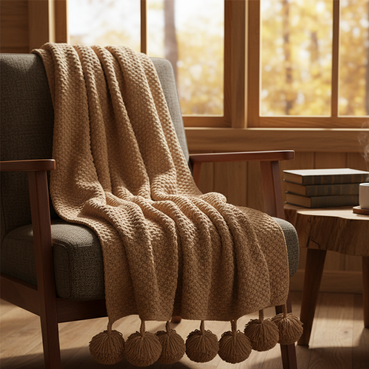 Waffle Knit Throw Blanket in Scandinavian Style with Pom Pom Edges | Scandi Waffle Knit with Pom Poms | Throw Blankets