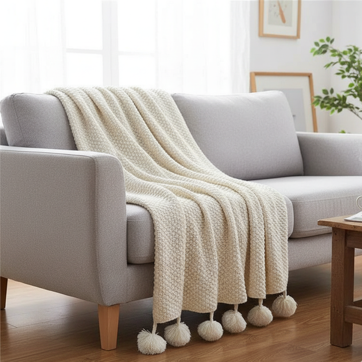 Waffle Knit Throw Blanket in Scandinavian Style with Pom Pom Edges | Scandi Waffle Knit with Pom Poms | Throw Blankets
