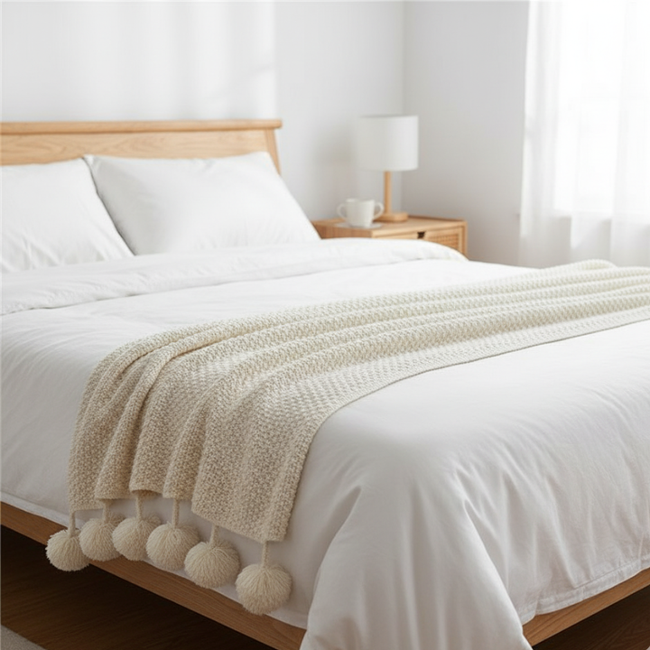 Waffle Knit Throw Blanket in Scandinavian Style with Pom Pom Edges | Scandi Waffle Knit with Pom Poms | Throw Blankets
