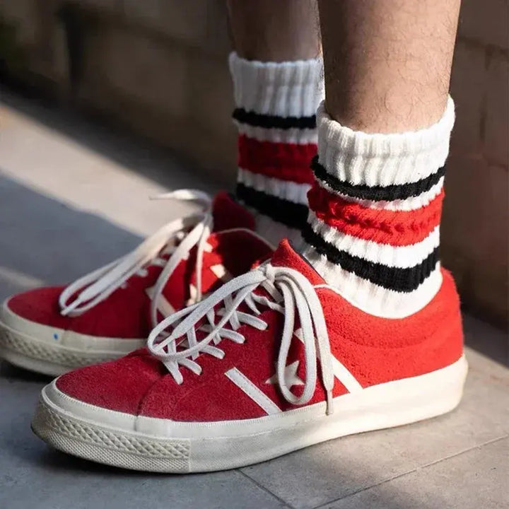 Vintage Striped Terry Crew Socks, 2 Pairs for Men and Women | Retro Stripes, Cushioned Comfort | Socks
