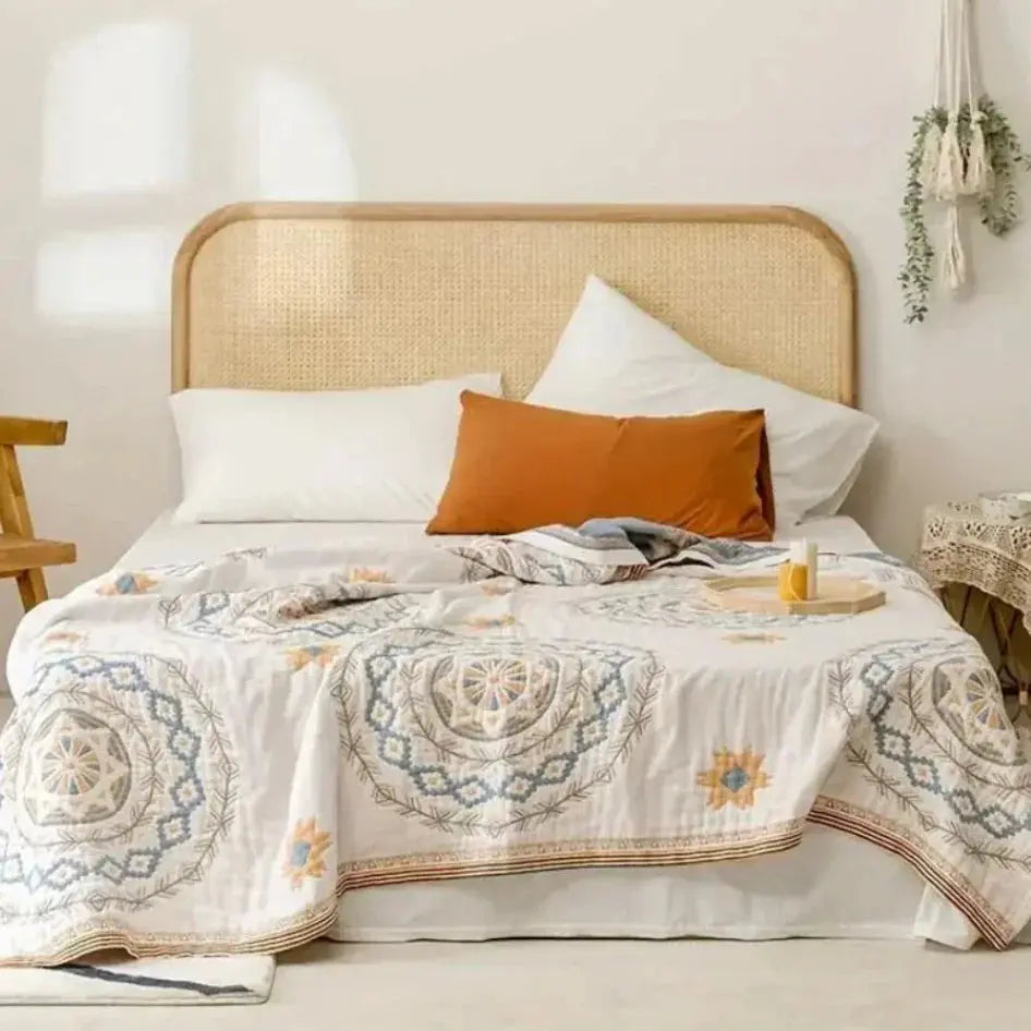 Nordic Boho Cotton Gauze Blanket with Fringe, Single or Double | Breathable Gauze Blanket for Warm Weather | Throw Blankets