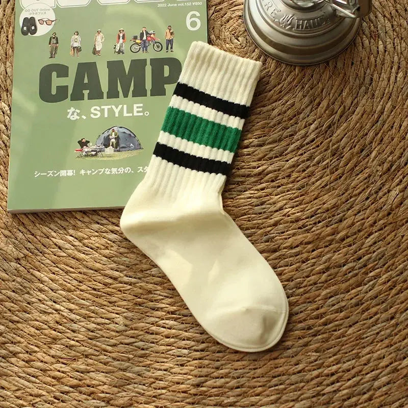 Vintage Striped Terry Crew Socks, 2 Pairs for Men and Women | Retro Stripes, Cushioned Comfort | Socks