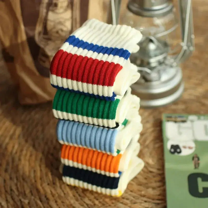 Vintage Striped Terry Crew Socks, 2 Pairs for Men and Women | Retro Stripes, Cushioned Comfort | Socks
