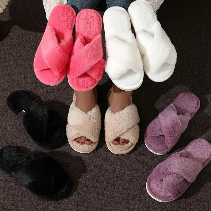 Fluffy Plush Open-Toe Cross-Band Slippers with Cushioned Sole | Soft Steps on Chilly Floors | Slippers