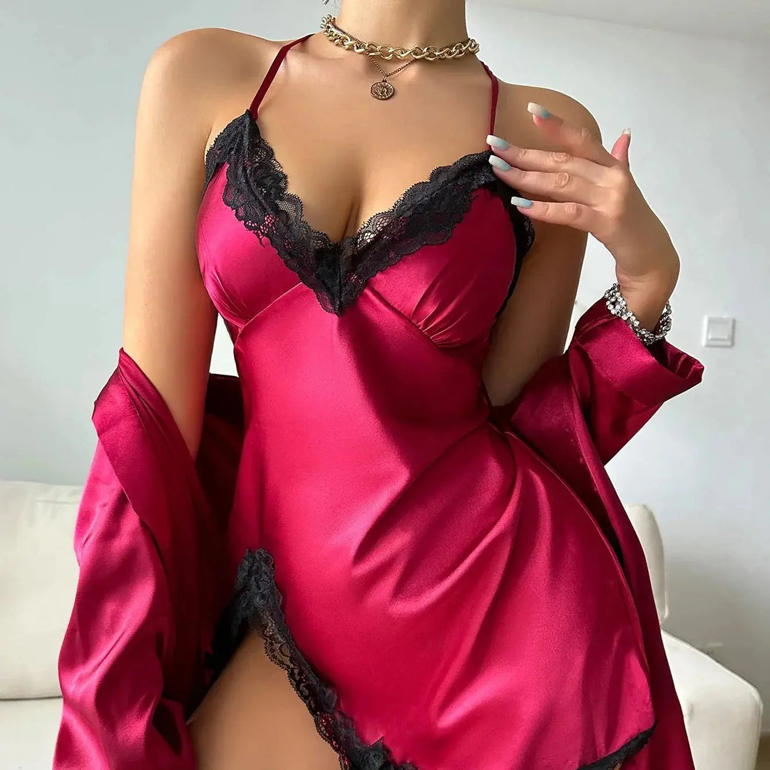 3-Piece Satin Robe and Lace Slip Dress Sleepwear Set with Belt | Layered Satin Lounge Set | Nightwear