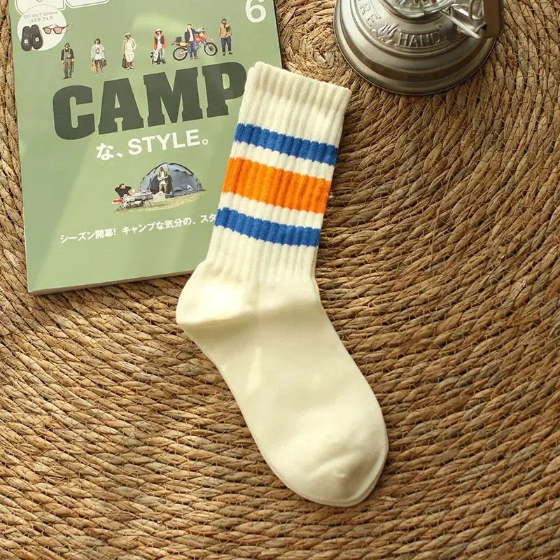 Vintage Striped Terry Crew Socks, 2 Pairs for Men and Women | Retro Stripes, Cushioned Comfort | Socks