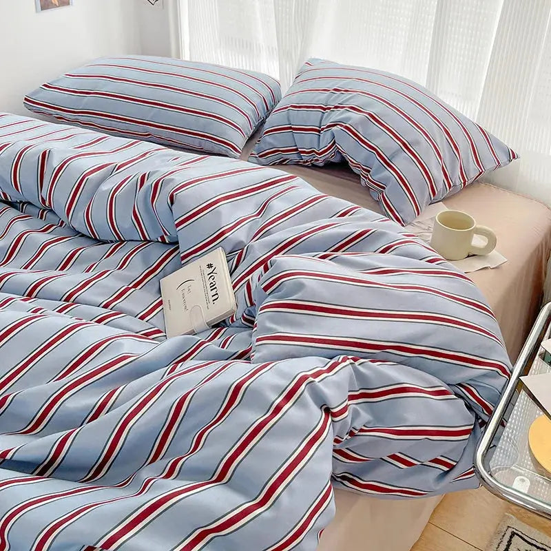 Red and Blue Striped Washed Cotton Bedding Set, 4 Pieces | Classic Stripes in Soft Cotton | Bedding Sets