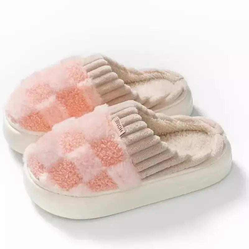 Checkered Fuzzy Open-Toe House Slippers with Memory Foam Sole | Fuzzy Comfort at Home | Slippers
