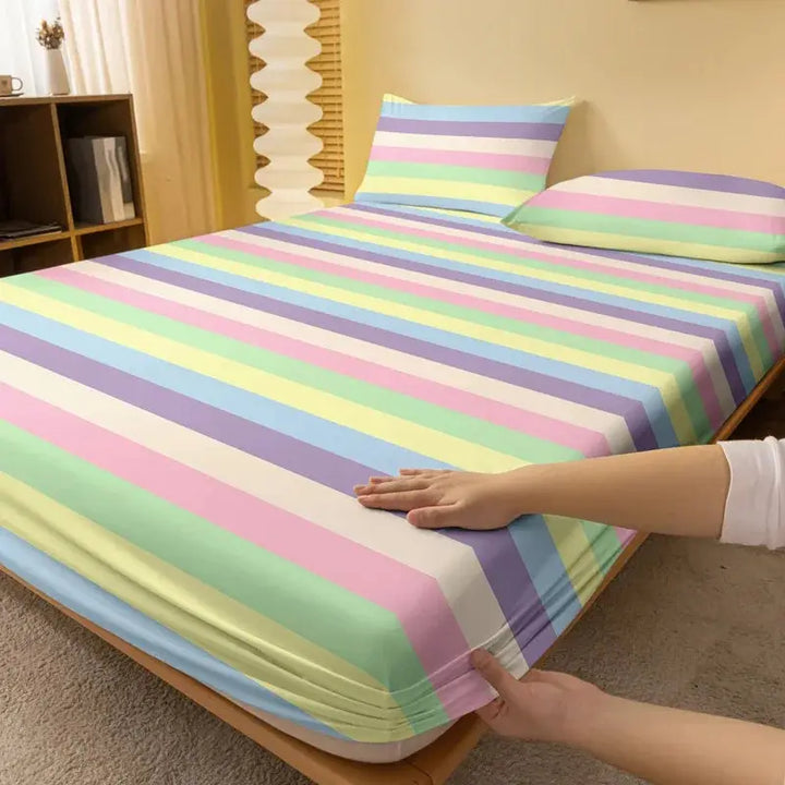 Rainbow Bridge Printed Matte Fitted Sheet, Polyester Bedding | Colourful Rainbow Bed Cover | Fitted Sheets