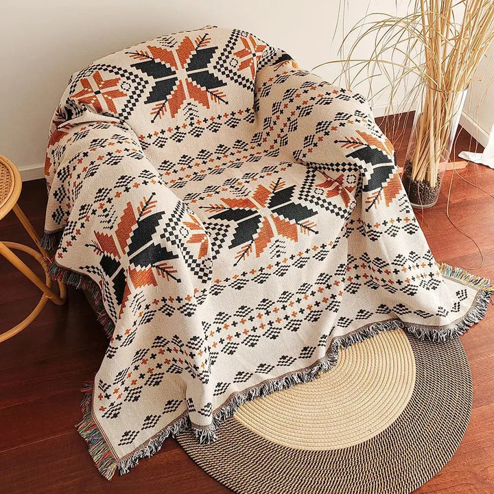 Aztec Boho Woven Throw Blanket with Fringe Edges | Boho Charm for Bed and Sofa | Throw Blankets
