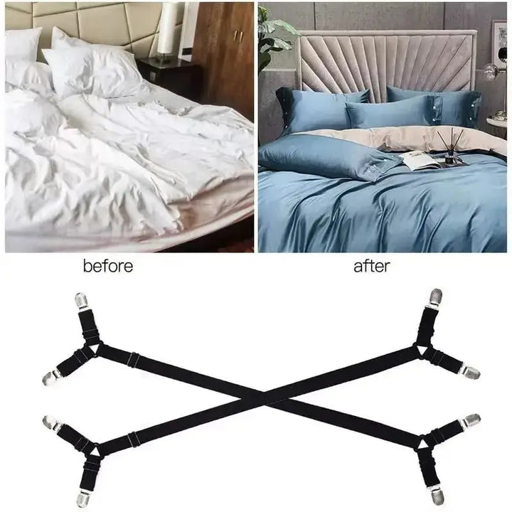 Adjustable Bed Sheet Fastener Straps with Elastic Crisscross and Metal Clips | Keeps Sheets Tight and Smooth | Bed Sheet Holders
