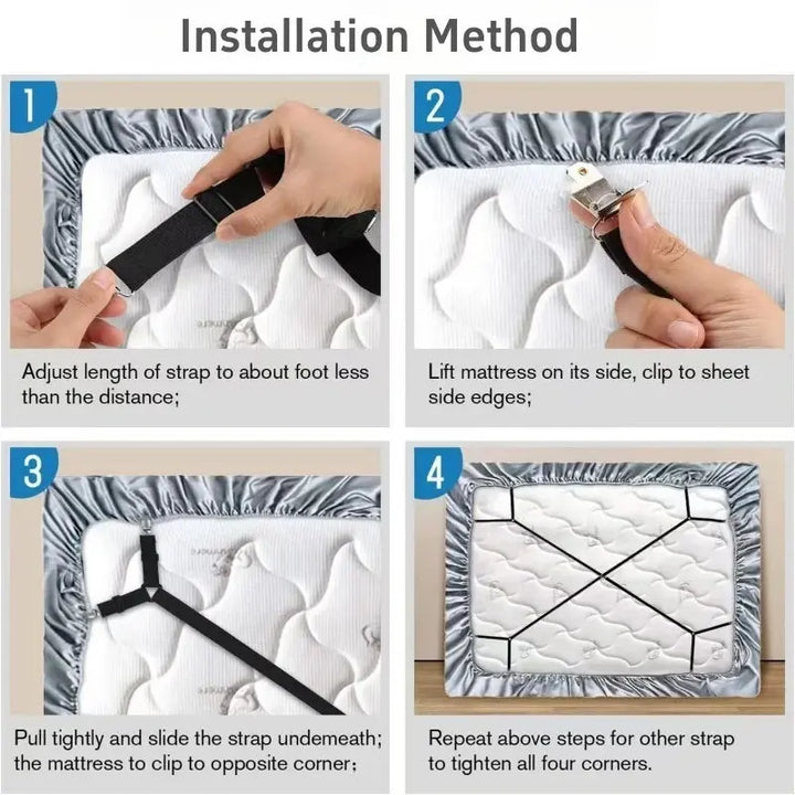 Adjustable Bed Sheet Fastener Straps with Elastic Crisscross and Metal Clips | Keeps Sheets Tight and Smooth | Bed Sheet Holders
