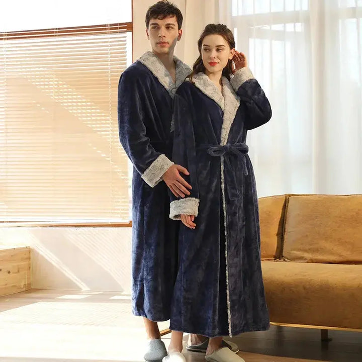 Thick Coral Fleece Long Couple Bathrobes with Tie Belt and Pockets | Matching Warmth for Two | Robes