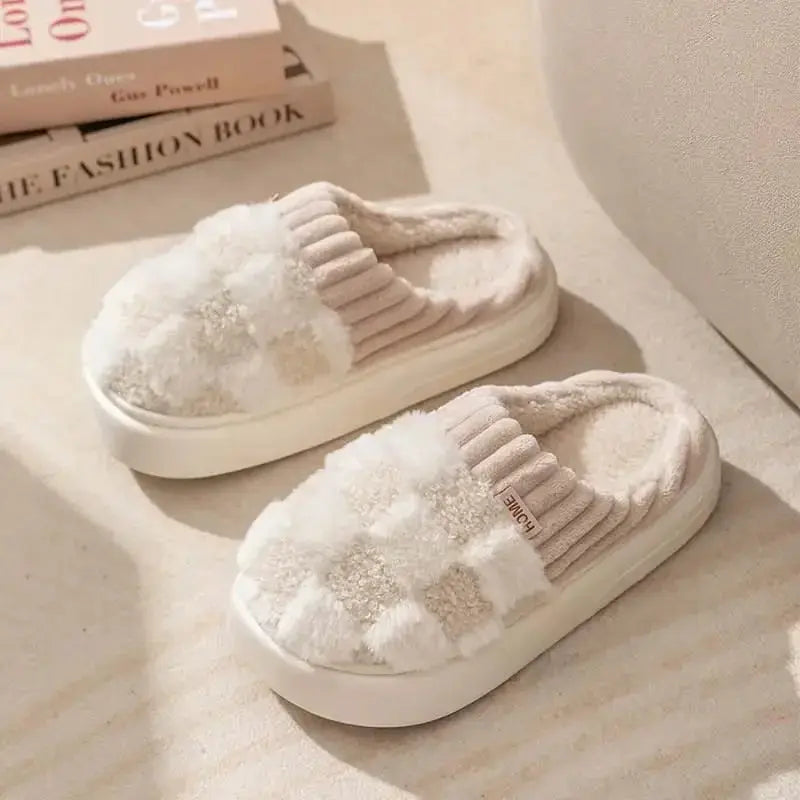 Checkered Plush Fuzzy House Slippers with Memory Foam Sole | Warm Cushioned Slippers for Home | Slippers