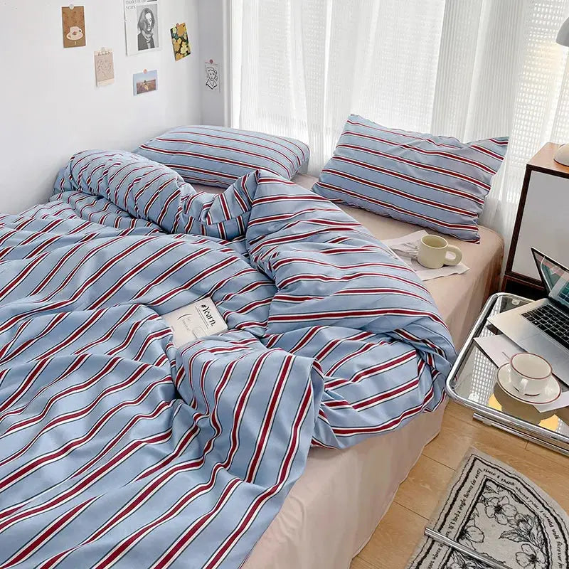 Red and Blue Striped Washed Cotton Bedding Set, 4 Pieces | Classic Stripes in Soft Cotton | Bedding Sets