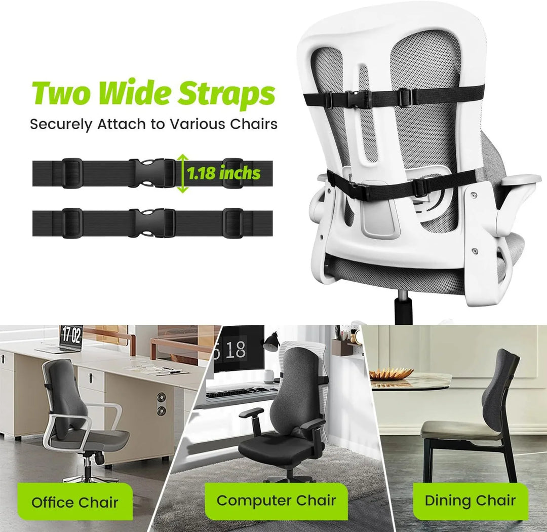 Tall Memory Foam Lumbar Support Pillow with Dual Chair Straps | Tall Back Cushion That Stays Put | Lumbar Support Pillows