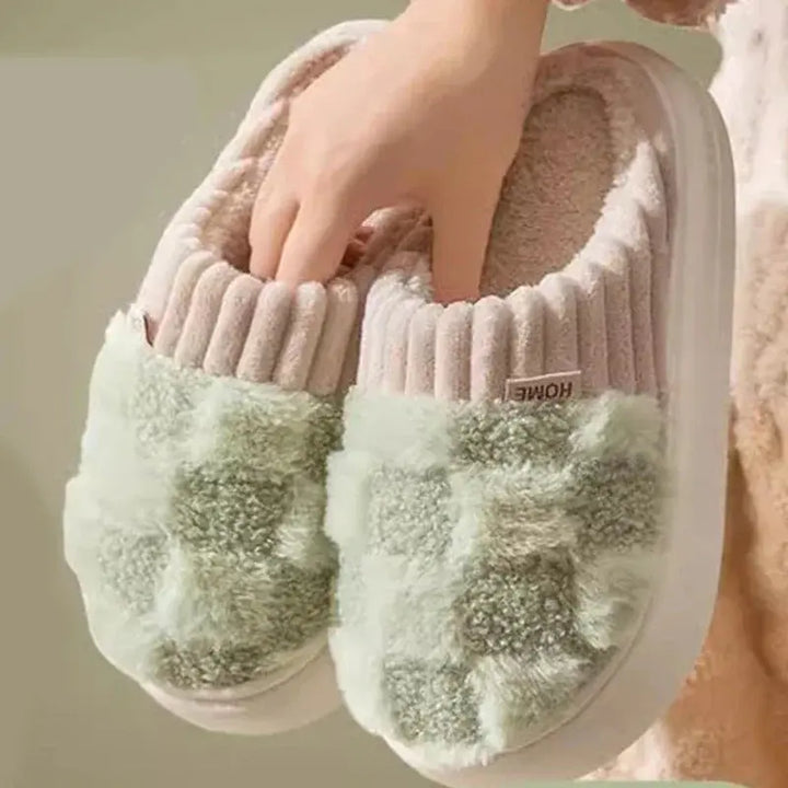 Checkered Plush Fuzzy House Slippers with Memory Foam Sole | Warm Cushioned Slippers for Home | Slippers