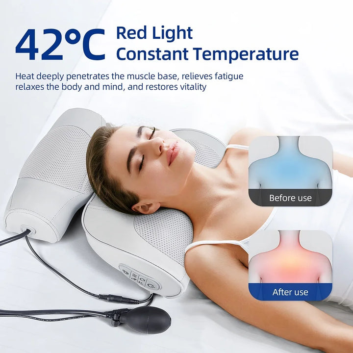 Contoured Neck Massage Pillow with Heat and Adjustable Air Support | Warmth and Adjustable Neck Support | Massage Pillows