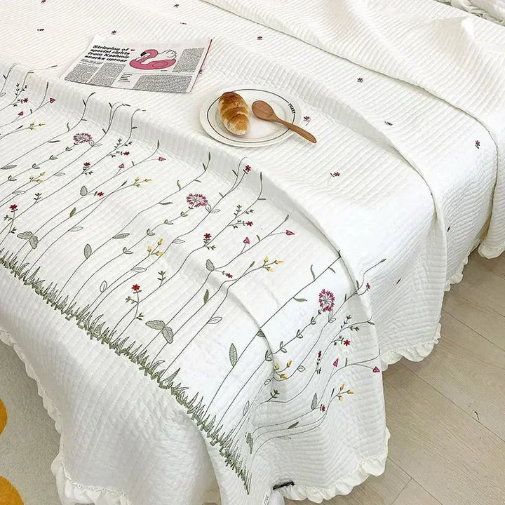 Delicate Ruffled Floral Quilt Set with Matching Shams | Soft Ruffled Florals for Warm Nights | Bedding Sets