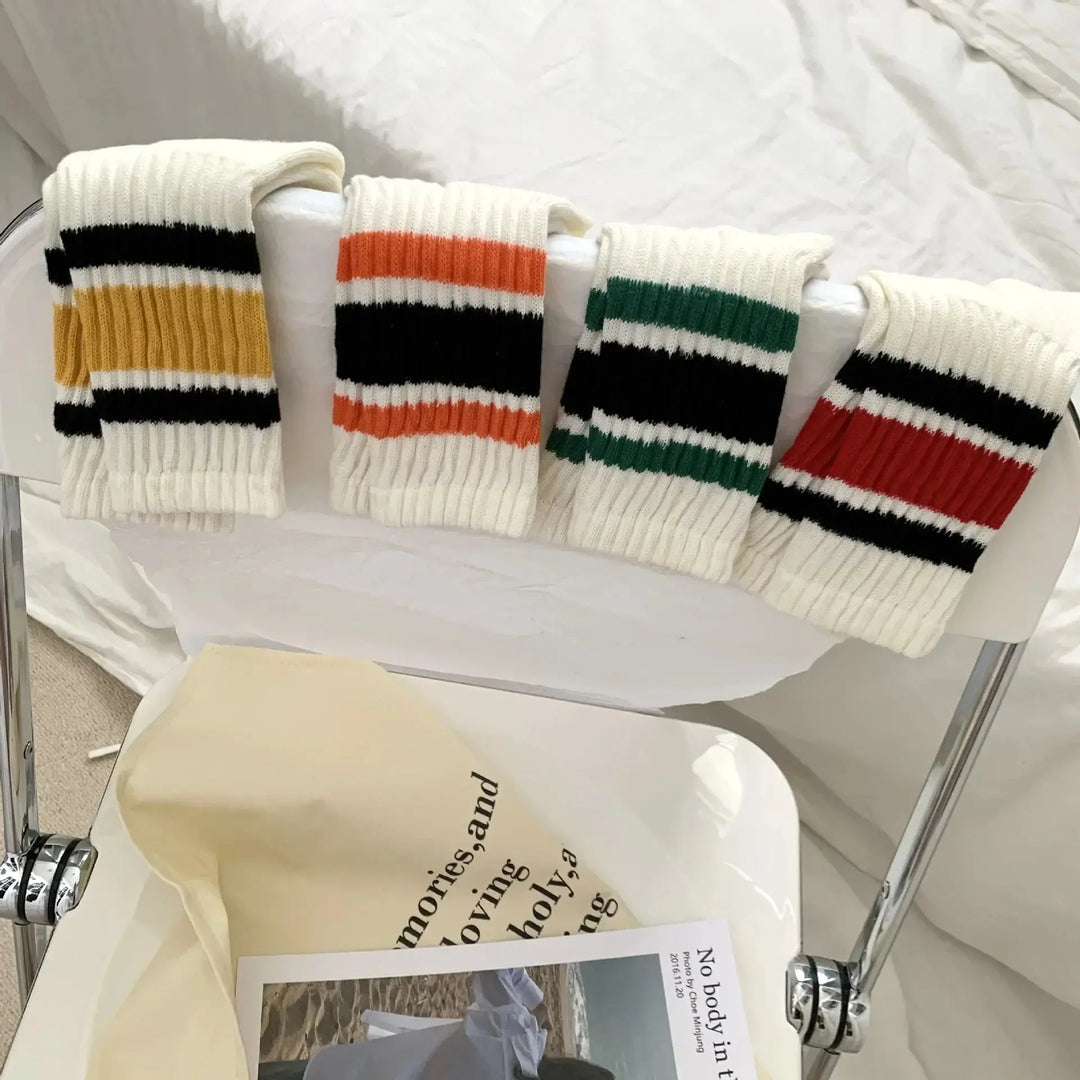 Vintage Striped Terry Crew Socks, 2 Pairs for Men and Women | Retro Stripes, Cushioned Comfort | Socks