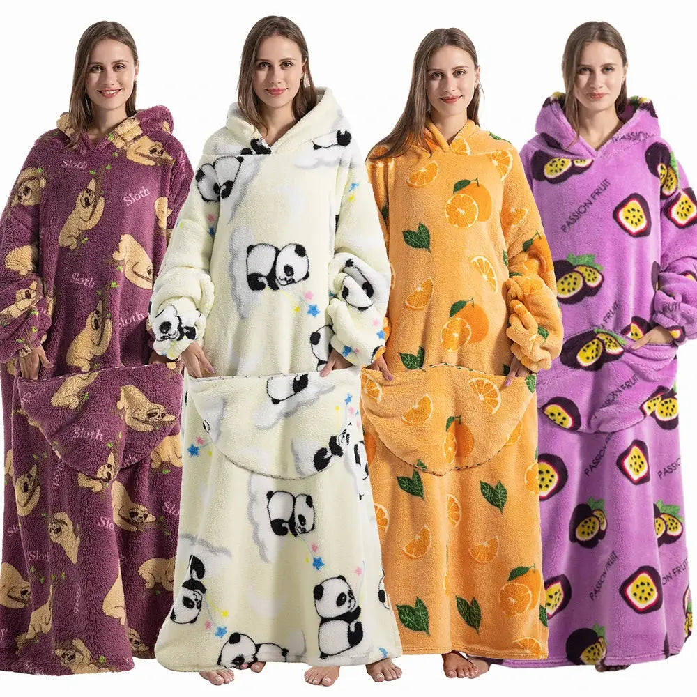 Long Wearable Blanket Hoodie with Plush Fabric and Sleeves | Long Plush Hoodie for Cold Rooms | Hooded Blankets
