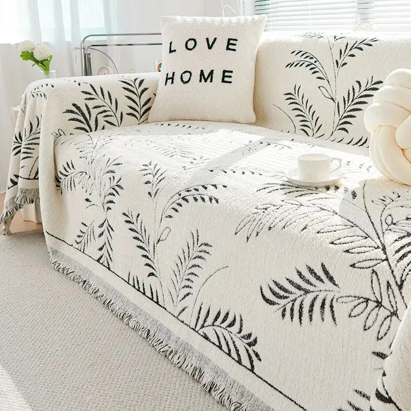 Four-Season Chenille Jacquard Leaf Couch Cover and Floor Throw | Leaf Jacquard Cover for Any Season | Throw Blankets