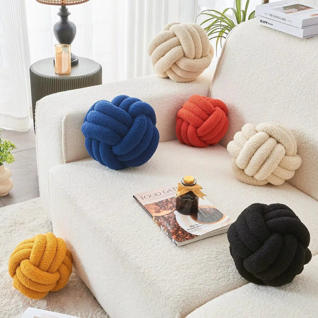 Hand-Woven Nordic Knot Ball Throw Pillow in Lamb Wool Style Fabric | Sculptural Knotted Cushion | Decorative Pillows