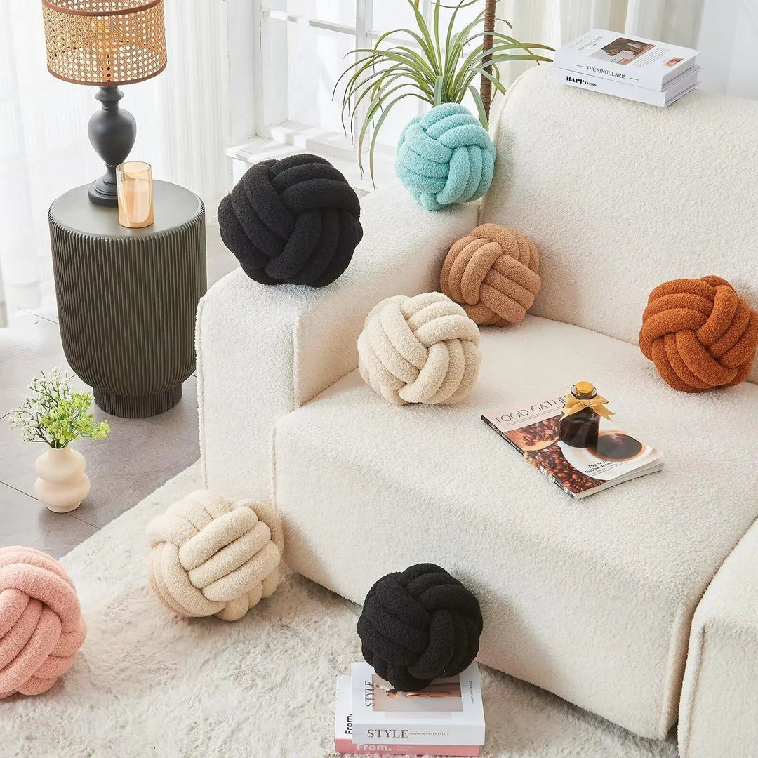 Hand-Woven Nordic Knot Ball Throw Pillow in Lamb Wool Style Fabric | Sculptural Knotted Cushion | Decorative Pillows