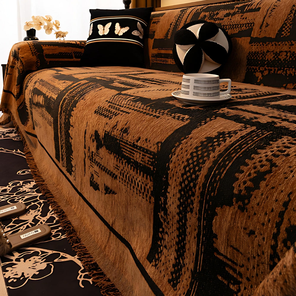 Geometric Tribal Chenille Sofa Cover Throw with Fringe Edging | Tribal Geometry in Brushed Chenille | Sofa Covers